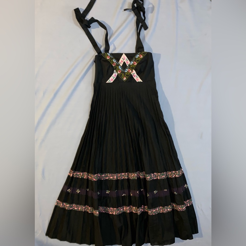 Young Edwardian Pleated Black Floral Embroidered Dress